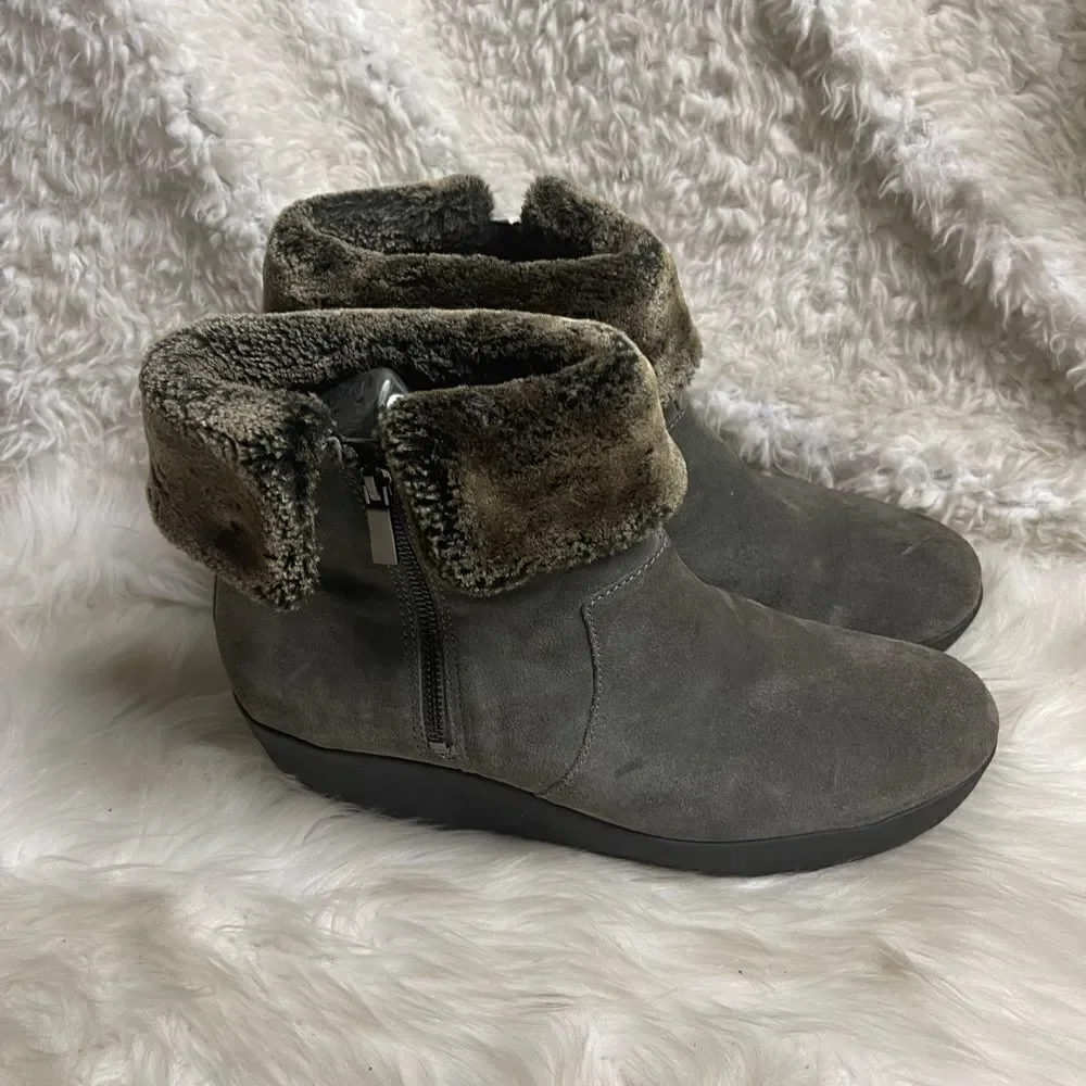 Easy Spirit leather suede gray ankle wedge Boots with faux fur accents size 12M